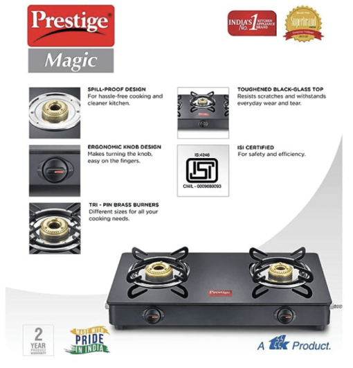 Prestige Magic plus Toughened Glass-Top 2 Brass Burner LPG Gas Stove(GTMP-02) | Black Spill Proof Design | Ergonomic Knob | Tri-Pin Burner - Image 2